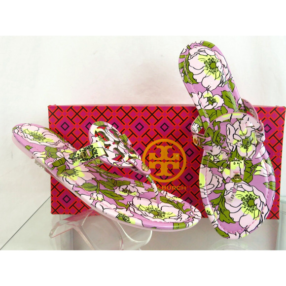 TORY BURCH MILLER BOLD FLOWERS PATENT LEATHER REVA FLATS THONG SLIDE SANDALS 9 - Picture 12 of 14